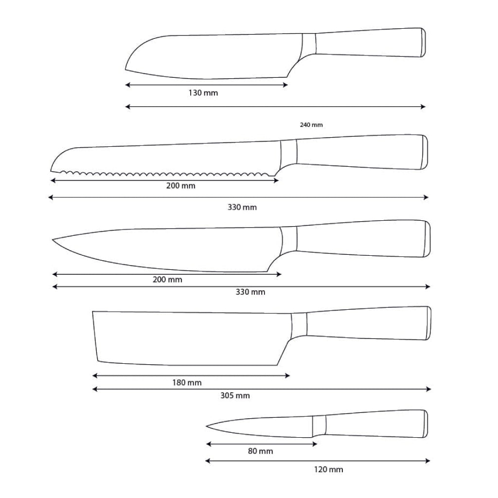 Shinrai Knives - Damascus Print Epoxy Sapphire 5-delige Messenset - Koksmes + Broodmes + Nakiri + Kleine Santoku + Schilmes