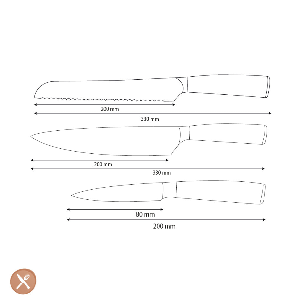 Shinrai Knives - Hammered RVS 3-delige Messenset - Koksmes + Broodmes + Schilmes