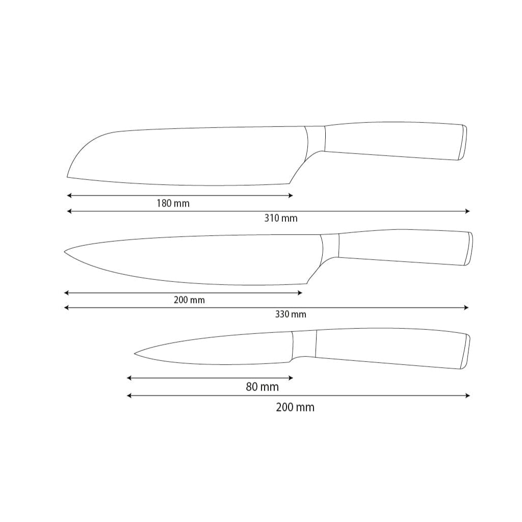 Shinrai Knives - Hammered RVS 3-delige Messenset - Koksmes + Santoku + Schilmes