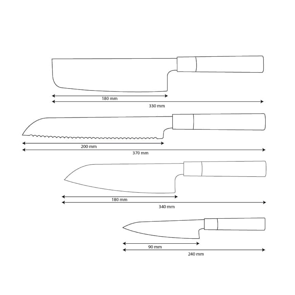 Couteaux Shinrai - Ensemble de couteaux Damas 4 pièces Takumi Kaza - Santoku + Couteau à pain + Nakiri + Couteau d'office