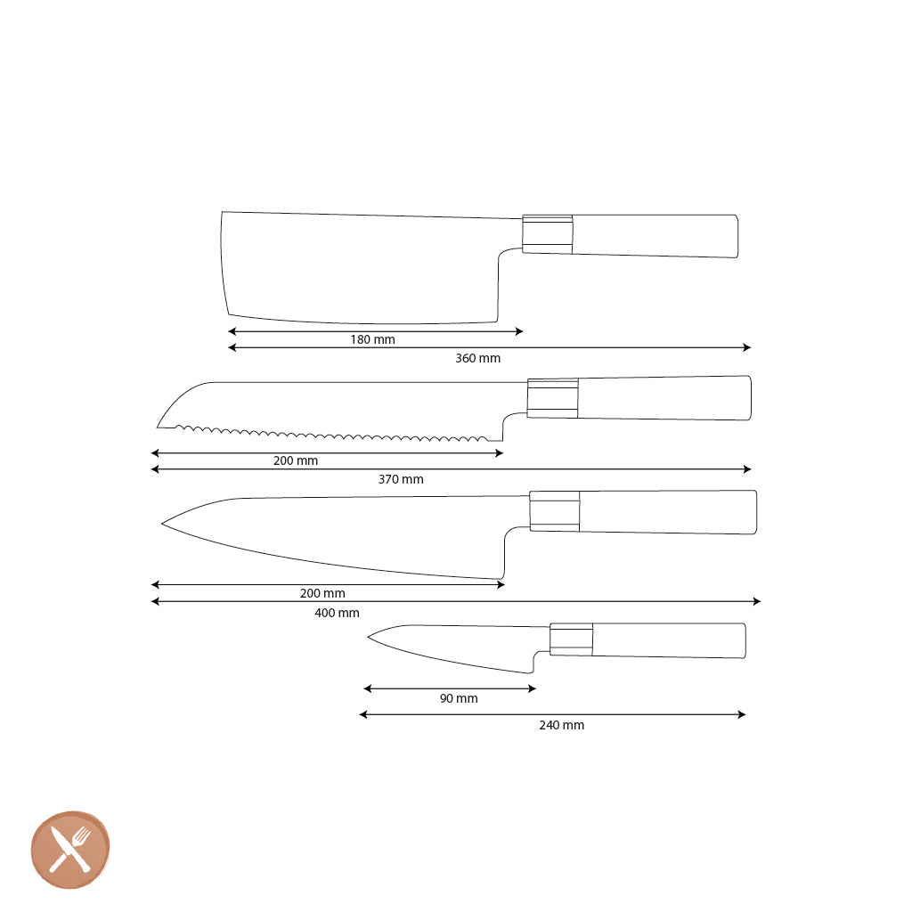 Shinrai Knives - Kurayami 4-delige Damascus Messenset - Koksmes + Broodmes + Nakiri + Schilmes