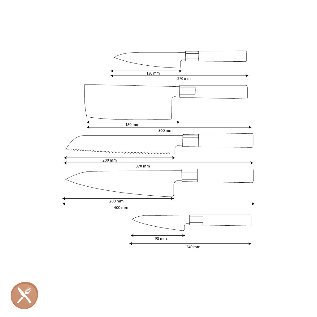 Shinrai Knives - Kurayami 5-delige Damascus Messenset - Koksmes + Broodmes + Nakiri + Officemes + Schilmes