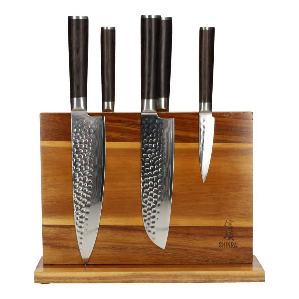 Hammered Damast BR 5-Delige Messenset + Magnetisch Messenblok Dubbelzijdig