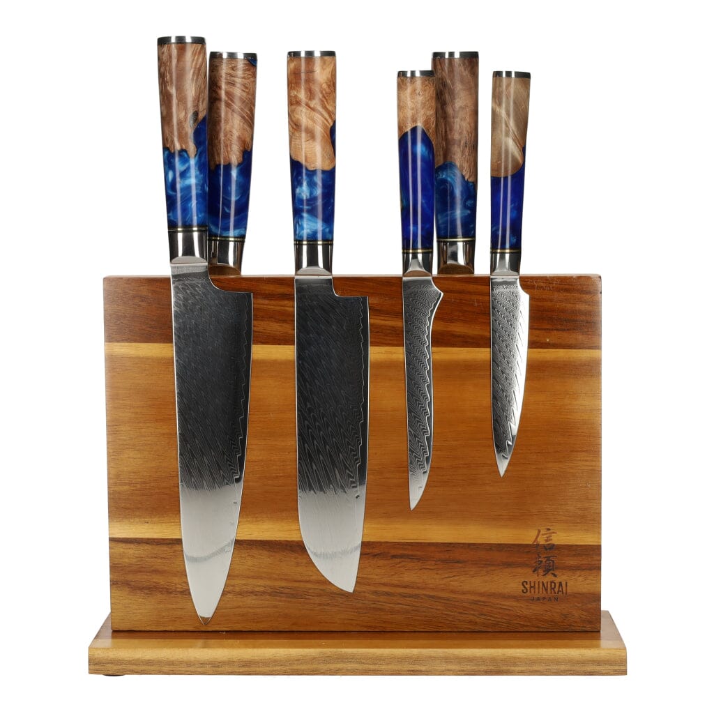 Epoxy Sapphire 6-delige Damascus Messenset + Magnetisch Messenblok Messenset met blok Shinrai Japan