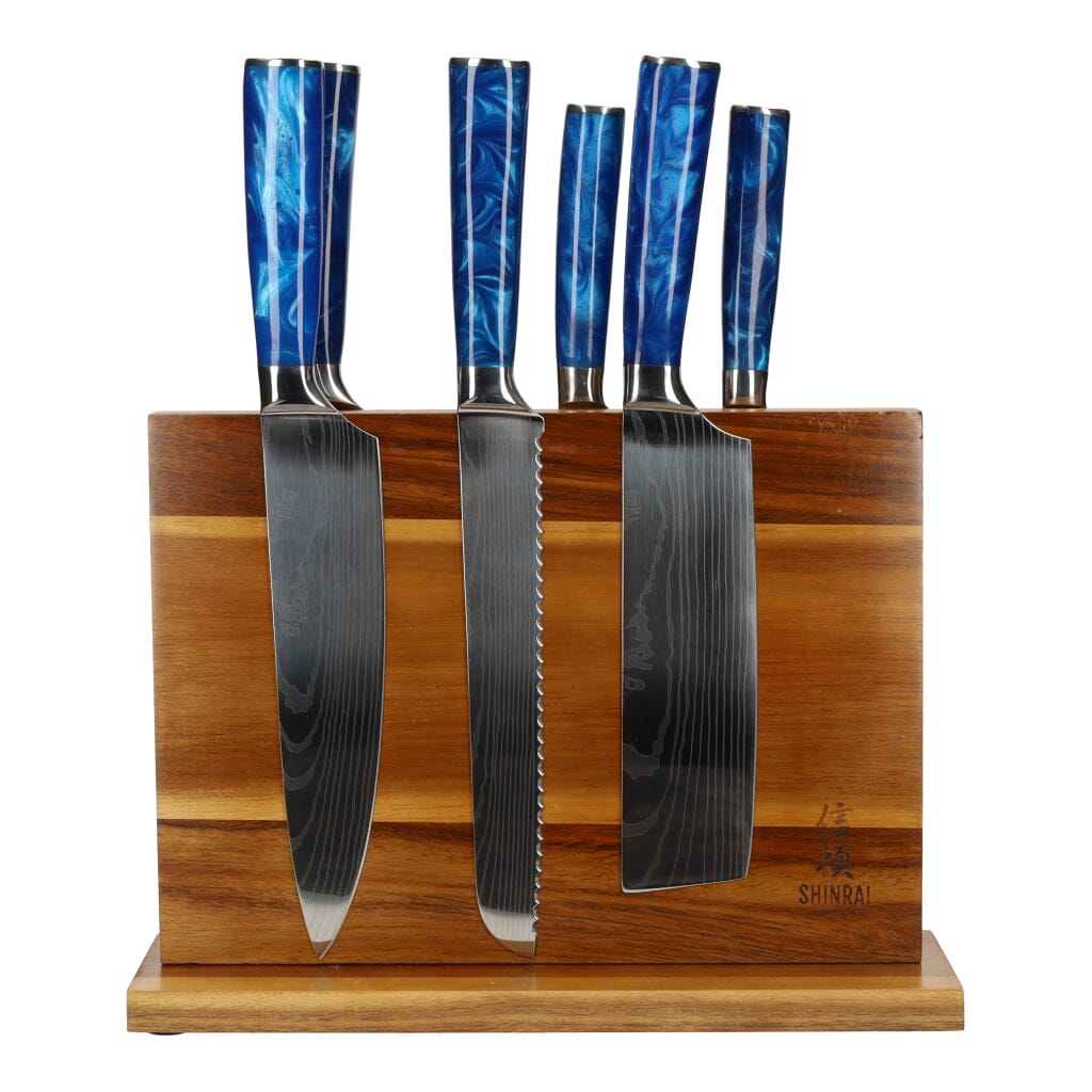 Epoxy Sapphire Damascus Print 6-delige Messenset + Acacia houder dubbelzijdig Messenset met blok Shinrai Japan