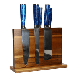Epoxy Sapphire Damascus Print 6-delige Messenset  + Acacia houder dubbelzijdig Epoxy Sapphire Damascus Print 6-delige Messenset + Acacia houder dubbelzijdig Messenset met blok Shinrai Knives