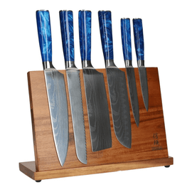 Epoxy Sapphire Damascus Print 6-Delige Messenset  + Acacia houder enkelzijdig Epoxy Sapphire Damascus Print 6-Delige Messenset + Acacia houder enkelzijdig Messenset met blok Shinrai Knives