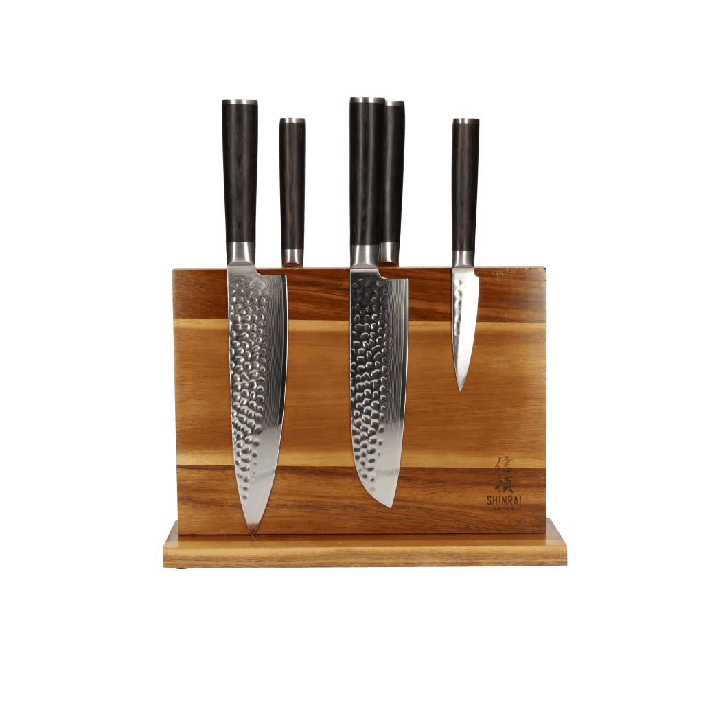 Hammered Damast BR 5-Delige Messenset + Magnetisch Messenblok Messenset met blok Shinrai Japan