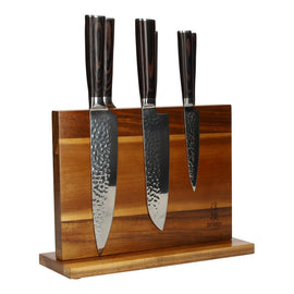 Hammered RVS 6-delige Messenset + Acacia houder dubbelzijdig Hammered RVS 6-delige Messenset + Acacia houder dubbelzijdig Messenset met blok Shinrai Japan
