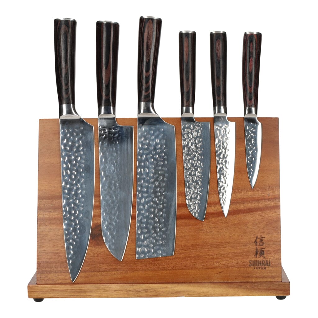 Hammered RVS 6-delige Messenset + Acacia houder enkelzijdig Messenset met blok Shinrai Japan