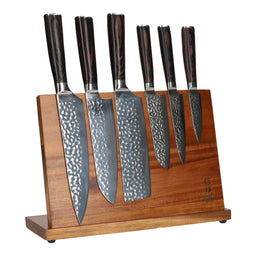 Hammered RVS 6-delige Messenset + Acacia houder enkelzijdig Messenset met blok Shinrai Japan