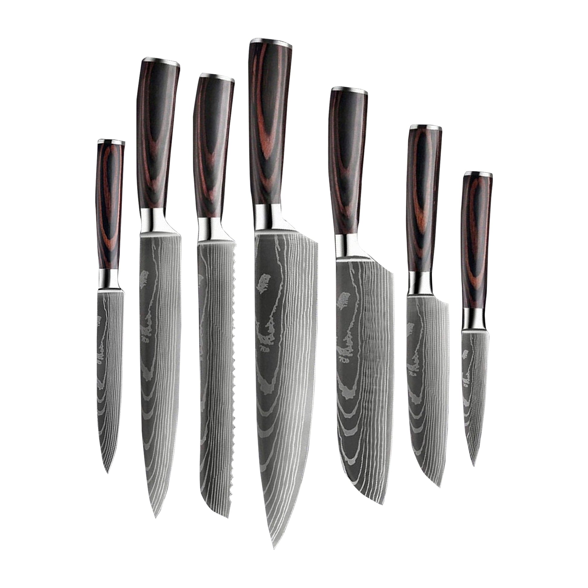Shinrai Japan - Damascus Print 7-delige Messenset + Magnetisch Messenblok Scalae - Acacia hout Shinrai Japan