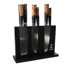 Shinrai Knives - Epoxy Onyx 6-delige Damascus Messenset + Magnetisch Messenblok Dubbelzijdig - Zwart Shinrai Japan - Epoxy Onyx 6-delige Damascus Messenset + Magnetisch Messenblok Dubbelzijdig - Zwart Messenset met blok Shinrai Japan