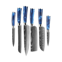 Shinrai Japan - Epoxy Sapphire Damascus Print 6-delige Messenset + Magnetisch Messenblok Dubbelzijdig - Zwart Messenset met blok Shinrai Japan