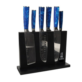 Shinrai Knives - Epoxy Sapphire Damascus Print 6-delige Messenset + Magnetisch Messenblok Dubbelzijdig - Zwart Shinrai Japan - Epoxy Sapphire Damascus Print 6-delige Messenset + Magnetisch Messenblok Dubbelzijdig - Zwart Messenset met blok Shinrai Japan