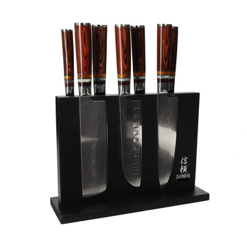 Shinrai Japan - Micarta Jewels 7-delige Damascus Messenset + Magnetisch Messenblok Dubbelzijdig - Zwart Messenset met blok Shinrai Japan