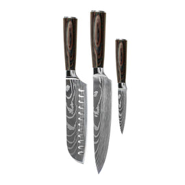 Shinrai Knives - Damascus Print 3-delige Messenset - Koksmes + Santoku + Schilmes Shinrai Knives - Damascus Print 3-delige Messenset - Koksmes + Santoku + Schilmes Messenset Shinrai Knives