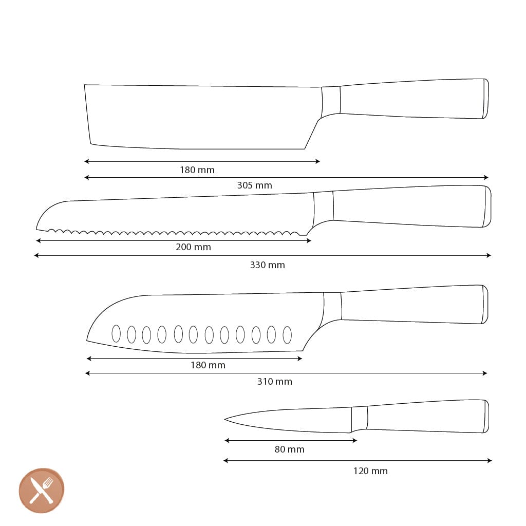 Shinrai Knives - Damascus Print 4-delige Messenset - Santoku + Broodmes + Nakiri + Schilmes Messenset Shinrai Knives