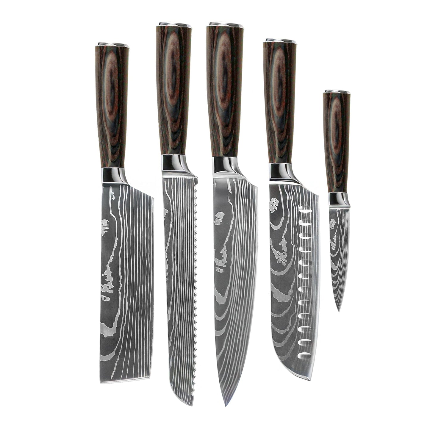 Shinrai Knives - Damascus Print 5-delige Messenset - Koksmes + Broodmes + Nakiri + Santoku + Schilmes Messenset Shinrai Knives