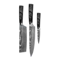 Shinrai Knives - Damascus Print Epoxy Onyx 3-delige Messenset - Koksmes + Nakiri + Schilmes Messenset Shinrai Knives