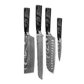 Shinrai Knives - Damascus Print Epoxy Onyx 4-delige Messenset - Santoku + Broodmes + Nakiri + Schilmes Shinrai Knives - Damascus Print Epoxy Onyx 4-delige Messenset - Santoku + Broodmes + Nakiri + Schilmes Messenset Shinrai Knives