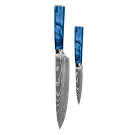 Shinrai Knives - Damascus Print Epoxy Sapphire 2-delige Messenset - Koksmes + Schilmes Shinrai Knives - Damascus Print Epoxy Sapphire 2-delige Messenset - Koksmes + Schilmes Messenset Shinrai Knives