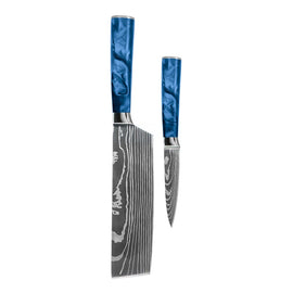 Shinrai Knives - Damascus Print Epoxy Sapphire 2-delige Messenset - Nakiri + Schilmes Shinrai Knives - Damascus Print Epoxy Sapphire 2-delige Messenset - Nakiri + Schilmes Messenset Shinrai Knives