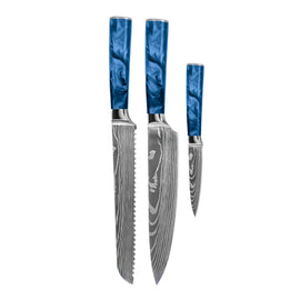 Shinrai Knives - Damascus Print Epoxy Sapphire 3-delige Messenset - Koksmes + Broodmes + Schilmes Shinrai Knives - Damascus Print Epoxy Sapphire 3-delige Messenset - Koksmes + Broodmes + Schilmes Messenset Shinrai Knives