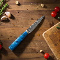 Shinrai Knives - Damascus Print Epoxy Sapphire 3-delige Messenset - Koksmes + Broodmes + Schilmes Messenset Shinrai Knives