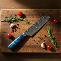Couteaux Shinrai - Coffret de 3 couteaux en résine époxy saphir à motif damassé - Couteau de chef + Santoku + Couteau d'office