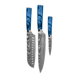 Shinrai Knives - Damascus Print Epoxy Sapphire 3-delige Messenset - Koksmes + Santoku + Schilmes Shinrai Knives - Damascus Print Epoxy Sapphire 3-delige Messenset - Koksmes + Santoku + Schilmes Messenset Shinrai Knives