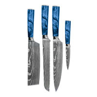 Shinrai Knives - Damascus Print Epoxy Sapphire 4-delige Messenset - Koksmes + Broodmes + Nakiri + Schilmes Messenset Shinrai Knives