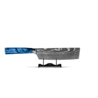Couteaux Shinrai - Coffret de 5 couteaux en résine époxy saphir à motif damassé - Couteau de chef + Couteau à pain + Nakiri + Petit Santoku + Couteau d'office