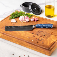 Couteaux Shinrai - Coffret de 5 couteaux en résine époxy saphir à motif damassé - Couteau de chef + Couteau à pain + Nakiri + Santoku + Couteau d'office