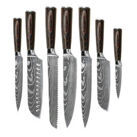 Shinrai Knives - Damascus Print 7-delige Messenset Shinrai Knives - Damascus Print Mega Bundel - All you need Messenset met blok, snijplank en slijpsteen Shinrai Knives
