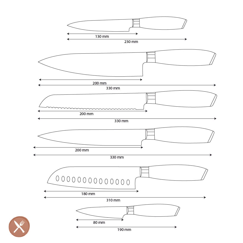 Shinrai Knives - Damast Pakka Wood 6-delige Messenset + Messenblok Stans Messenset met blok Shinrai Knives