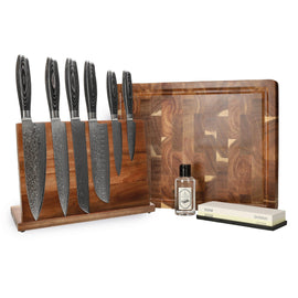 Shinrai Knives - Damast Pakka Wood Mega Bundel - All you need Shinrai Knives - Damast Pakka Wood Mega Bundel - All you need Messenset met blok, snijplank en slijpsteen Shinrai Knives