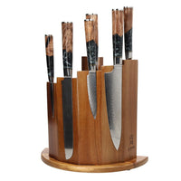 Shinrai Knives - Epoxy Onyx 6-delige Damascus Messenset + Magnetisch Messenblok Scalae - Acacia hout Messenset met blok Shinrai Knives