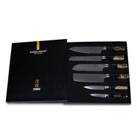 Shinrai Knives - Epoxy Onyx 6-delige Damascus Messenset + Magnetisch Messenblok Scalae - Acacia hout Messenset met blok Shinrai Knives