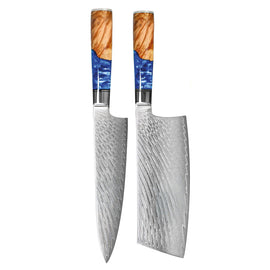Shinrai Knives - Epoxy Sapphire 2-delige Damascus Messenset - Koksmes + Nakiri Shinrai Knives - Epoxy Sapphire 2-delige Damascus Messenset - Koksmes + Nakiri Messenset Shinrai Knives