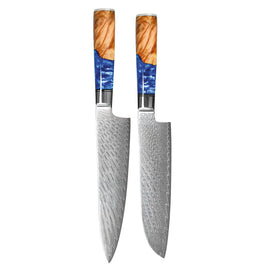 Shinrai Knives - Epoxy Sapphire 2-delige Damascus Messenset - Koksmes + Santoku mes Shinrai Knives - Epoxy Sapphire 2-delige Damascus Messenset - Koksmes + Santoku mes Messenset Shinrai Knives