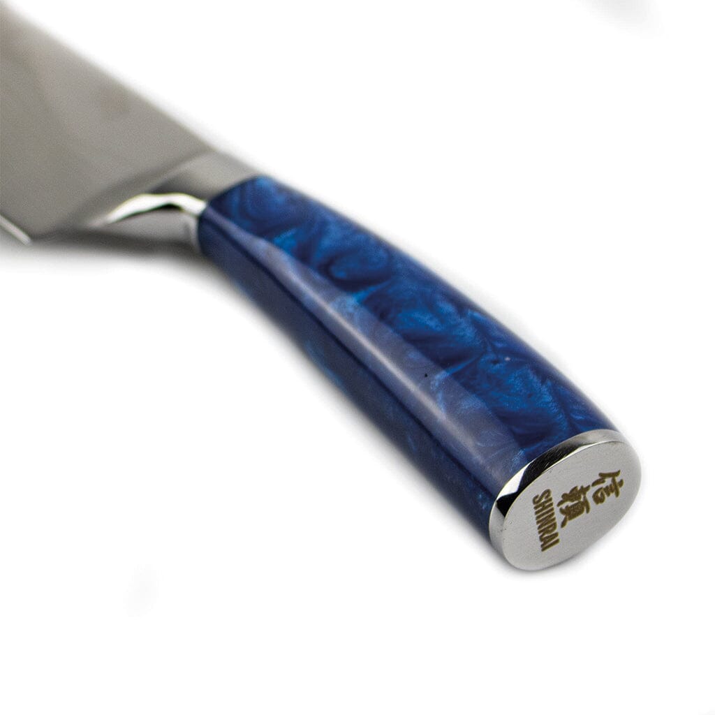 Shinrai Knives - Epoxy Sapphire Damascus Print 6-delige Messenset + Magnetisch Messenblok Scalae - Acacia hout Messenset met blok Shinrai Knives