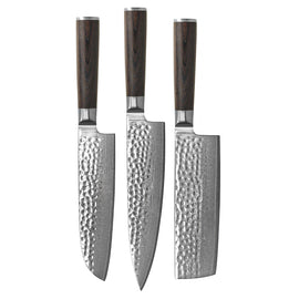 Shinrai Knives - Hammered Damast BR 3-delige Messenset - Koksmes + Nakiri + Santoku Shinrai Knives - Hammered Damast BR 3-delige Messenset - Koksmes + Nakiri + Santoku Messenset Shinrai Knives