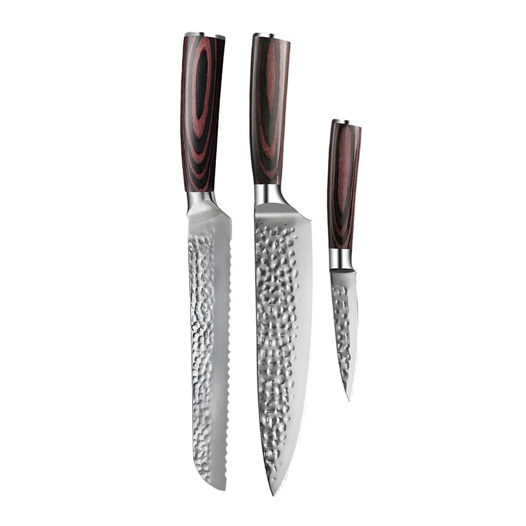 Shinrai Knives - Hammered RVS 3-delige Messenset - Koksmes + Broodmes + Schilmes Messenset Shinrai Knives