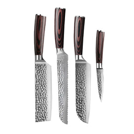 Shinrai Knives - Hammered RVS 4-delige Messenset - Santoku + Broodmes + Nakiri + Schilmes Shinrai Knives - Hammered RVS 4-delige Messenset - Santoku + Broodmes + Nakiri + Schilmes Messenset Shinrai Knives