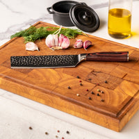 Couteaux Shinrai - Coffret de 5 couteaux en acier inoxydable martelé - Couteau de chef + Couteau à pain + Nakiri + Petit Santoku + Couteau d'office