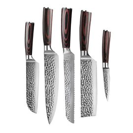 Shinrai Knives - Hammered RVS 5-delige Messenset - Koksmes + Broodmes + Nakiri + Kleine Santoku + Schilmes Shinrai Knives - Hammered RVS 5-delige Messenset - Koksmes + Broodmes + Nakiri + Kleine Santoku + Schilmes Messenset Shinrai Knives