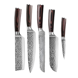 Shinrai Knives - Hammered RVS 5-delige Messenset - Koksmes + Broodmes + Nakiri + Santoku + Schilmes Shinrai Knives - Hammered RVS 5-delige Messenset - Koksmes + Broodmes + Nakiri + Santoku + Schilmes Messenset Shinrai Knives