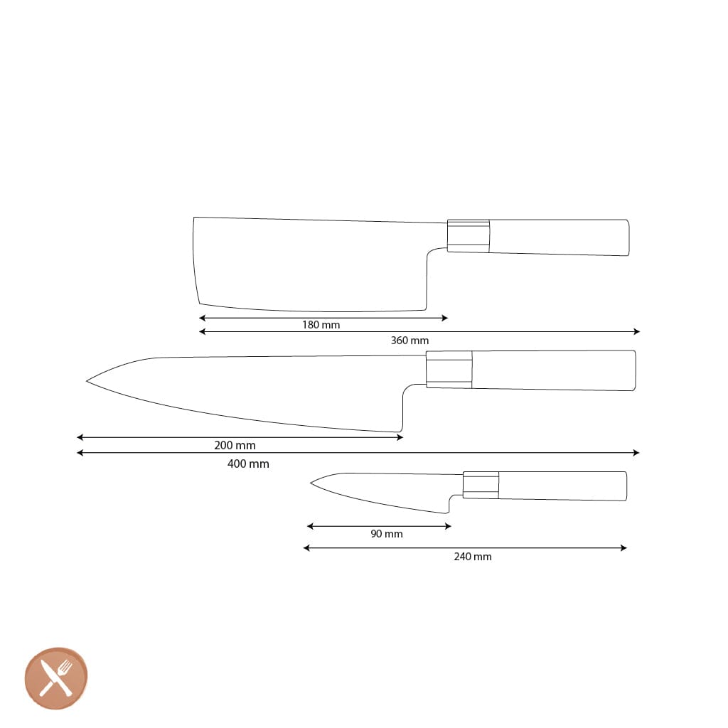 Shinrai Knives - Kurayami 3-delige Damascus Messenset - Koksmes + Nakiri + Schilmes Messenset Shinrai Knives