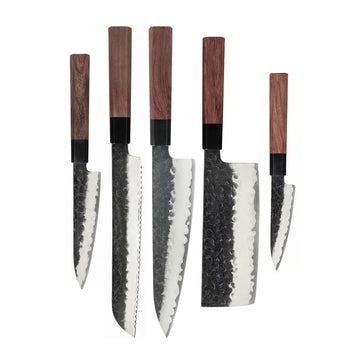 Shinrai Knives - Kurayami 5-delige Damascus Messenset - Koksmes + Broodmes + Nakiri + Officemes + Schilmes Messenset Shinrai Knives